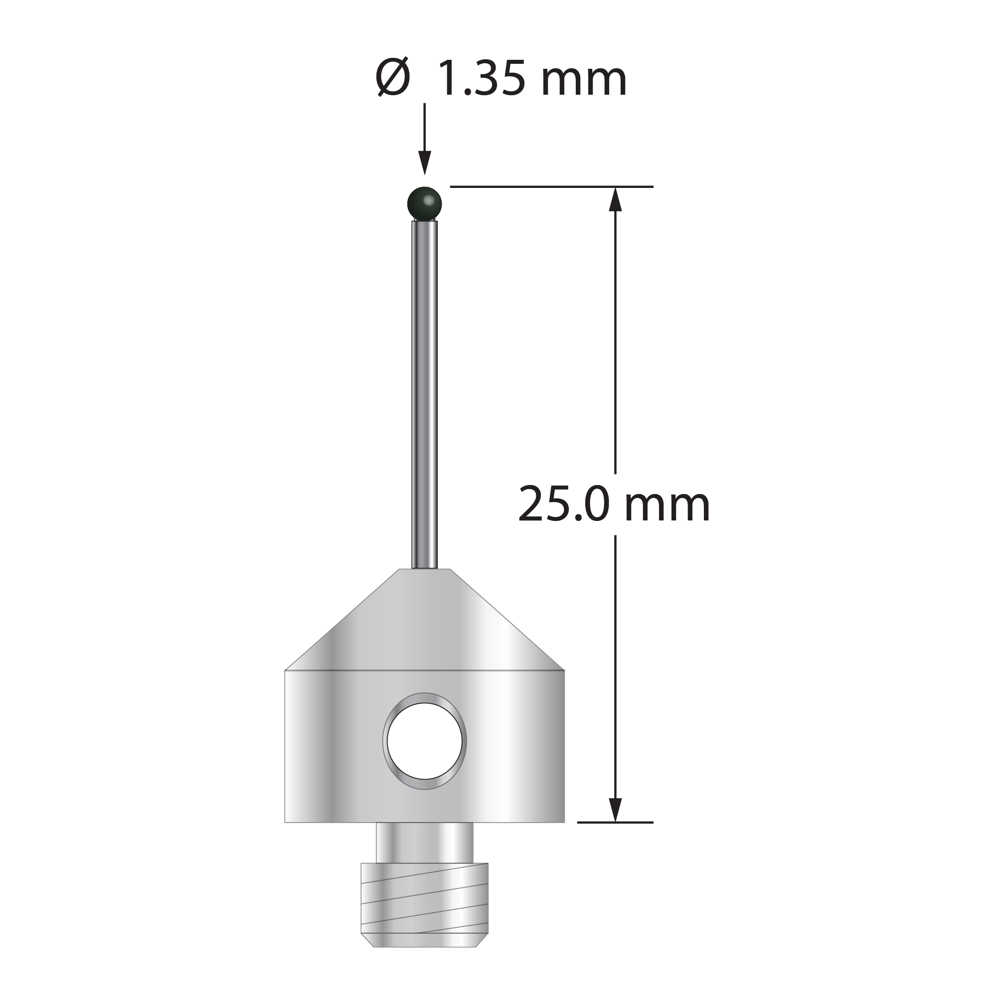 M5 stylus with 1.35 mm diameter silicon nitride ball, 1.0 mm diameter carbide stem, and 11.0 mm diameter x 10.0 long stainless steel base. Overall stylus length is 25.0 mm. Stylus weight is 5.69 grams.