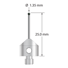 M5 stylus with 1.35 mm diameter silicon nitride ball, 1.0 mm diameter carbide stem, and 11.0 mm diameter x 10.0 long stainless steel base. Overall stylus length is 25.0 mm. Stylus weight is 5.69 grams.