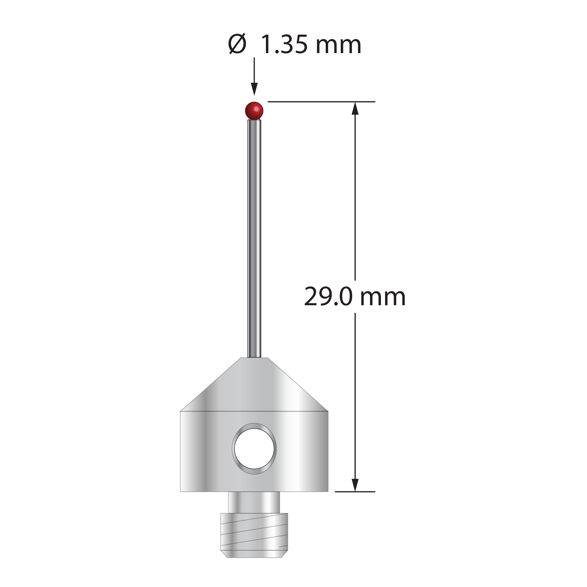 M5 stylus with 1.35 mm diameter ruby ball, 1.0 mm diameter carbide stem, and 11.0 mm diameter x 10.0 mm long stainless steel base. Overall stylus length is 29.0 mm. Stylus weight is 5.74 grams.