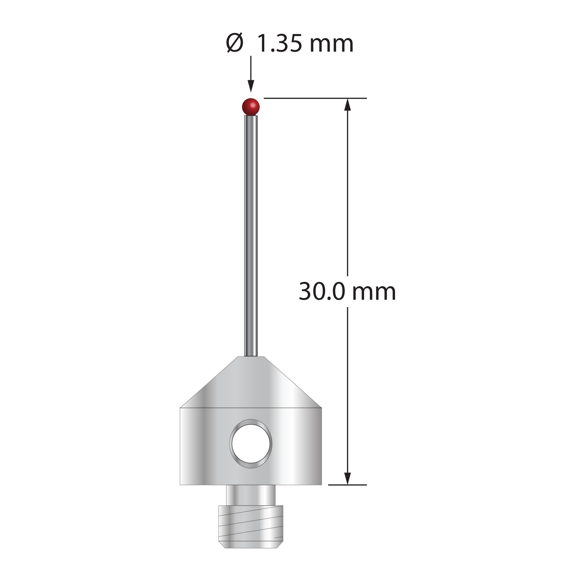M5 stylus with 1.35 mm diameter ruby ball, 1.0 mm diameter carbide stem, and 11.0 mm diameter x 10.0 long stainless steel base. Overall stylus length is 30.0 mm. Stylus weight is 5.75 grams.