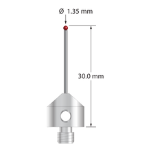 M5 stylus with 1.35 mm diameter ruby ball, 1.0 mm diameter carbide stem, and 11.0 mm diameter x 10.0 long stainless steel base. Overall stylus length is 30.0 mm. Stylus weight is 5.75 grams.