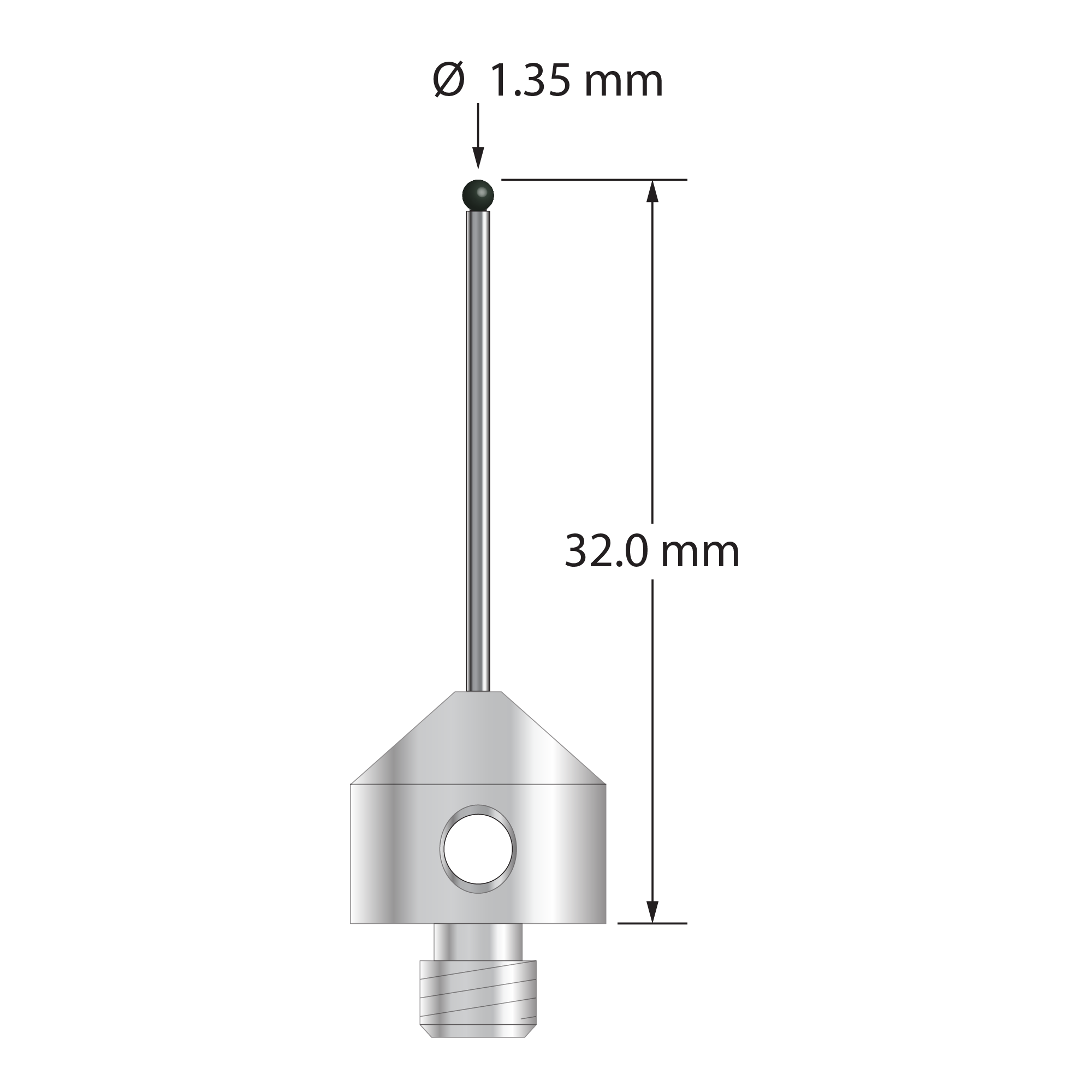 M5 stylus with 1.35 mm diameter silicon nitride ball, 1.0 mm diameter carbide stem, and 11.0 mm diameter x 10.0 mm long stainless steel base. Overall stylus length is 32.0 mm. Stylus weight is 5.77 grams.