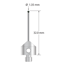 M5 stylus with 1.35 mm diameter silicon nitride ball, 1.0 mm diameter carbide stem, and 11.0 mm diameter x 10.0 mm long stainless steel base. Overall stylus length is 32.0 mm. Stylus weight is 5.77 grams.