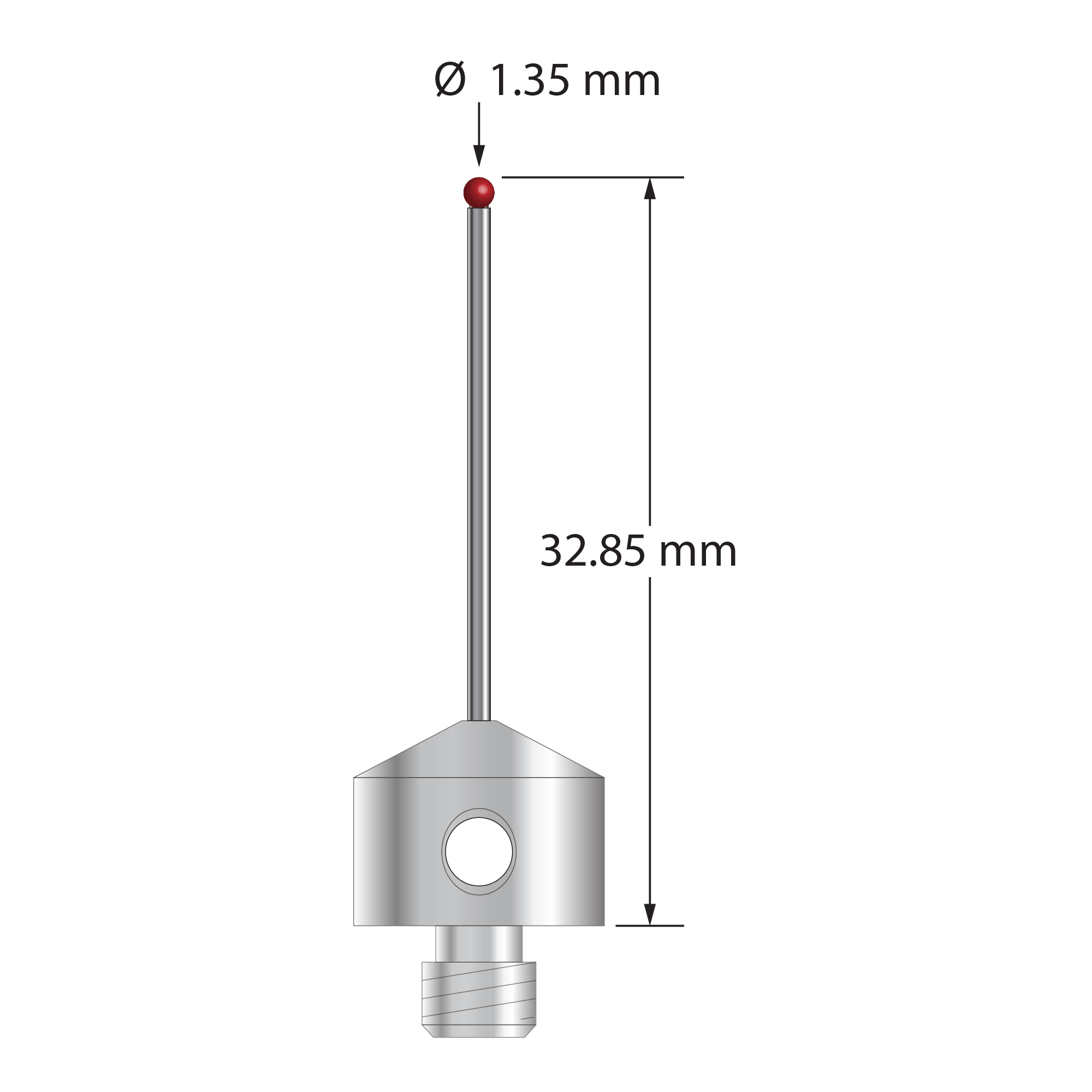 M5 stylus with 1.35 mm diameter ruby ball, 1.0 mm diameter carbide stem, and 11.0 mm diameter x 9.0 mm long stainless steel base. Overall stylus length is 32.85 mm. Stylus weight is 5.77 grams. Compare to Zeiss 626115-0140-033.