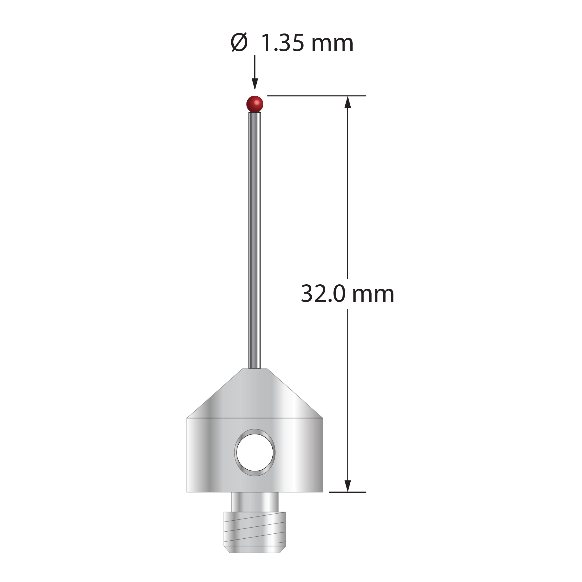 M5 stylus with 1.35 mm diameter ruby ball, 1.0 mm diameter carbide stem, and 11.0 mm diameter x 10.0 mm long stainless steel base. Overall stylus length is 32.0 mm. Stylus weight is 5.77 grams.