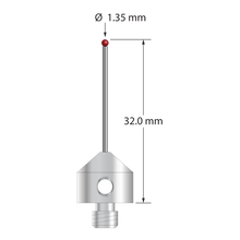 M5 stylus with 1.35 mm diameter ruby ball, 1.0 mm diameter carbide stem, and 11.0 mm diameter x 10.0 mm long stainless steel base. Overall stylus length is 32.0 mm. Stylus weight is 5.77 grams.