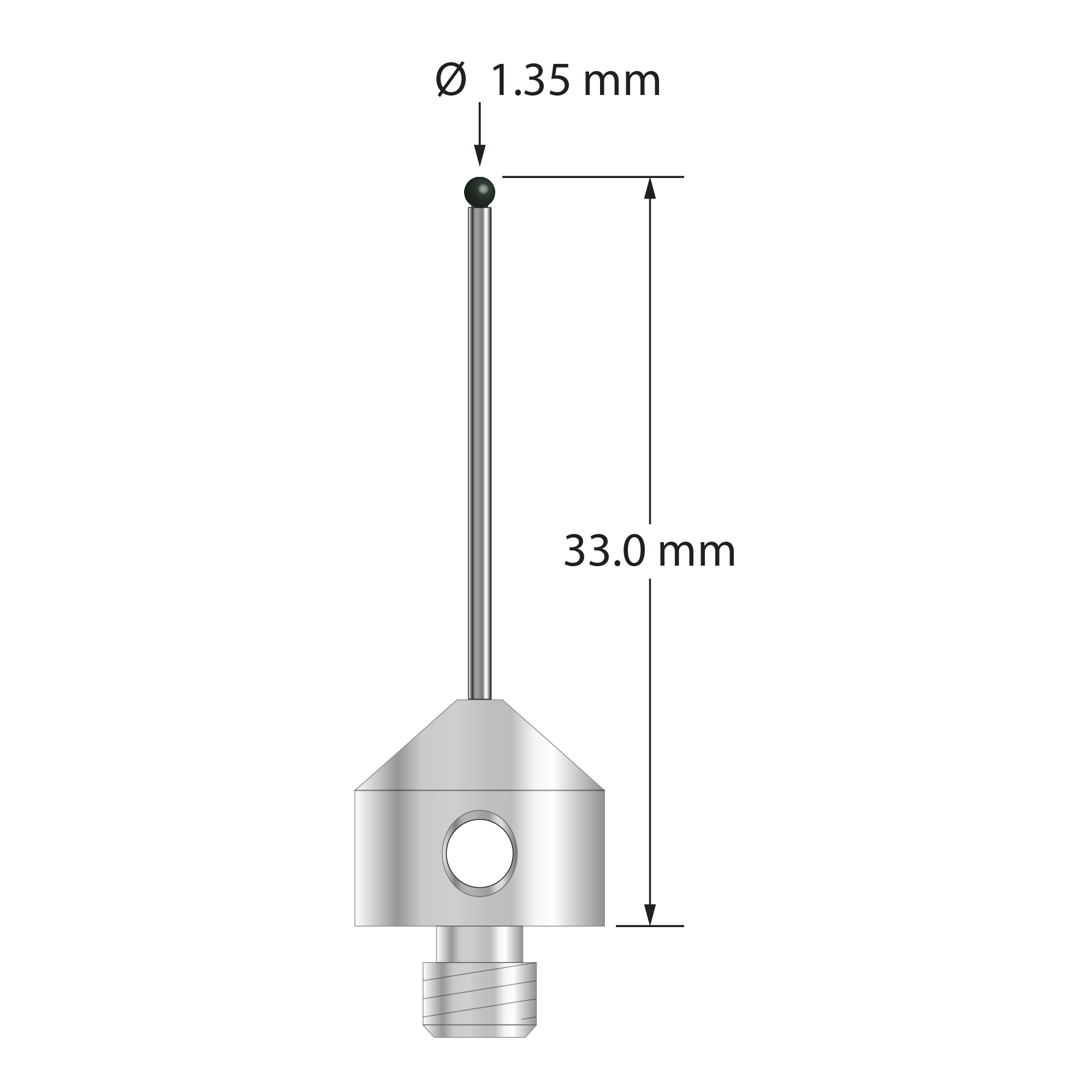 M5 stylus with 1.35 mm diameter silicon nitride ball, 1.0 mm diameter carbide stem, and 11.0 mm diameter x 10.0 mm long stainless steel base. Overall stylus length is 33.0 mm. Stylus weight is 5.78 grams.