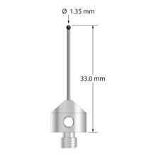 M5 stylus with 1.35 mm diameter silicon nitride ball, 1.0 mm diameter carbide stem, and 11.0 mm diameter x 10.0 mm long stainless steel base. Overall stylus length is 33.0 mm. Stylus weight is 5.78 grams.