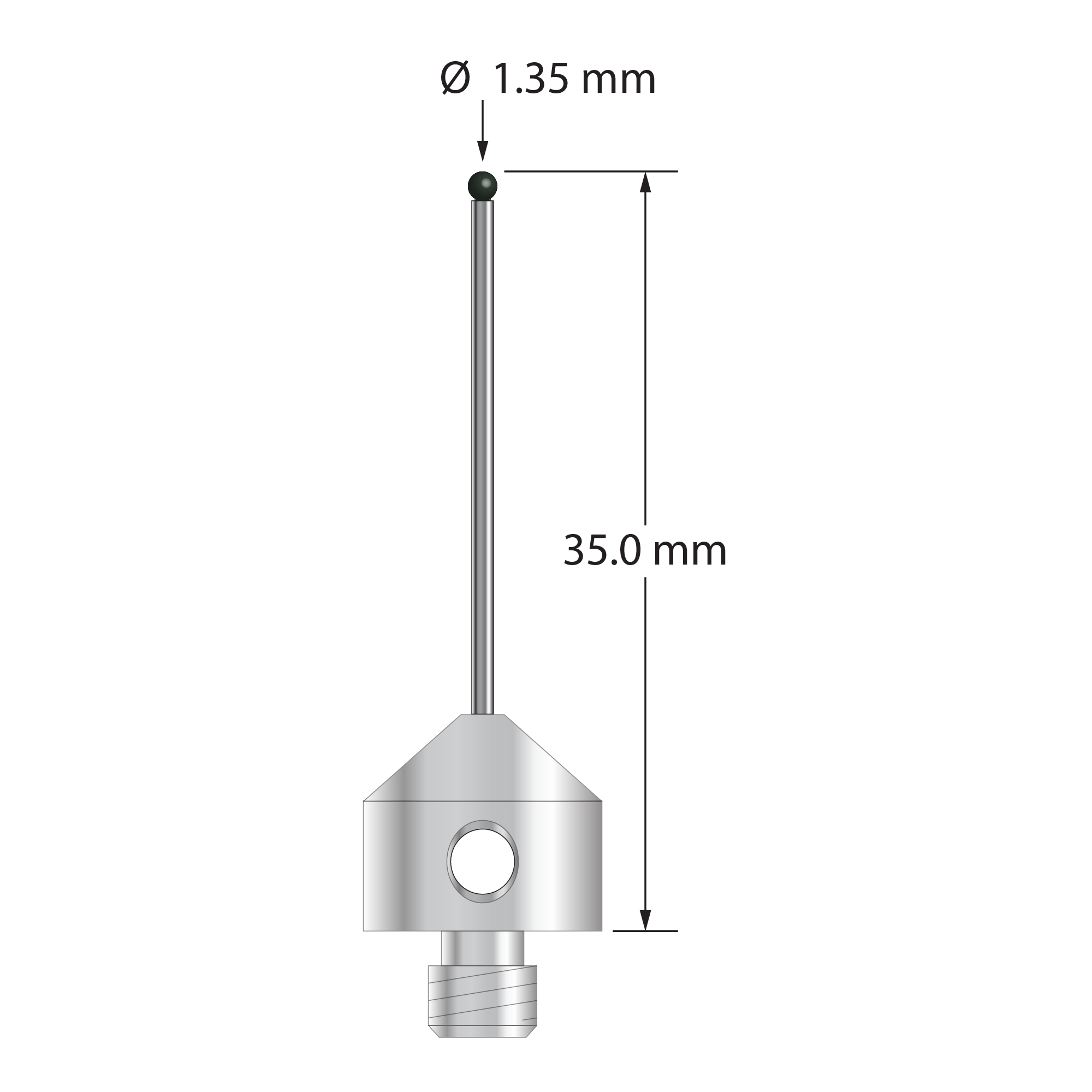 M5 stylus with 1.35 mm diameter silicon nitride ball, 1.0 mm diameter carbide stem, and 11.0 mm diameter x 10.0 long stainless steel base. Overall stylus length is 35.0 mm. Stylus weight is 5.81 grams.