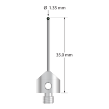 M5 stylus with 1.35 mm diameter silicon nitride ball, 1.0 mm diameter carbide stem, and 11.0 mm diameter x 10.0 long stainless steel base. Overall stylus length is 35.0 mm. Stylus weight is 5.81 grams.