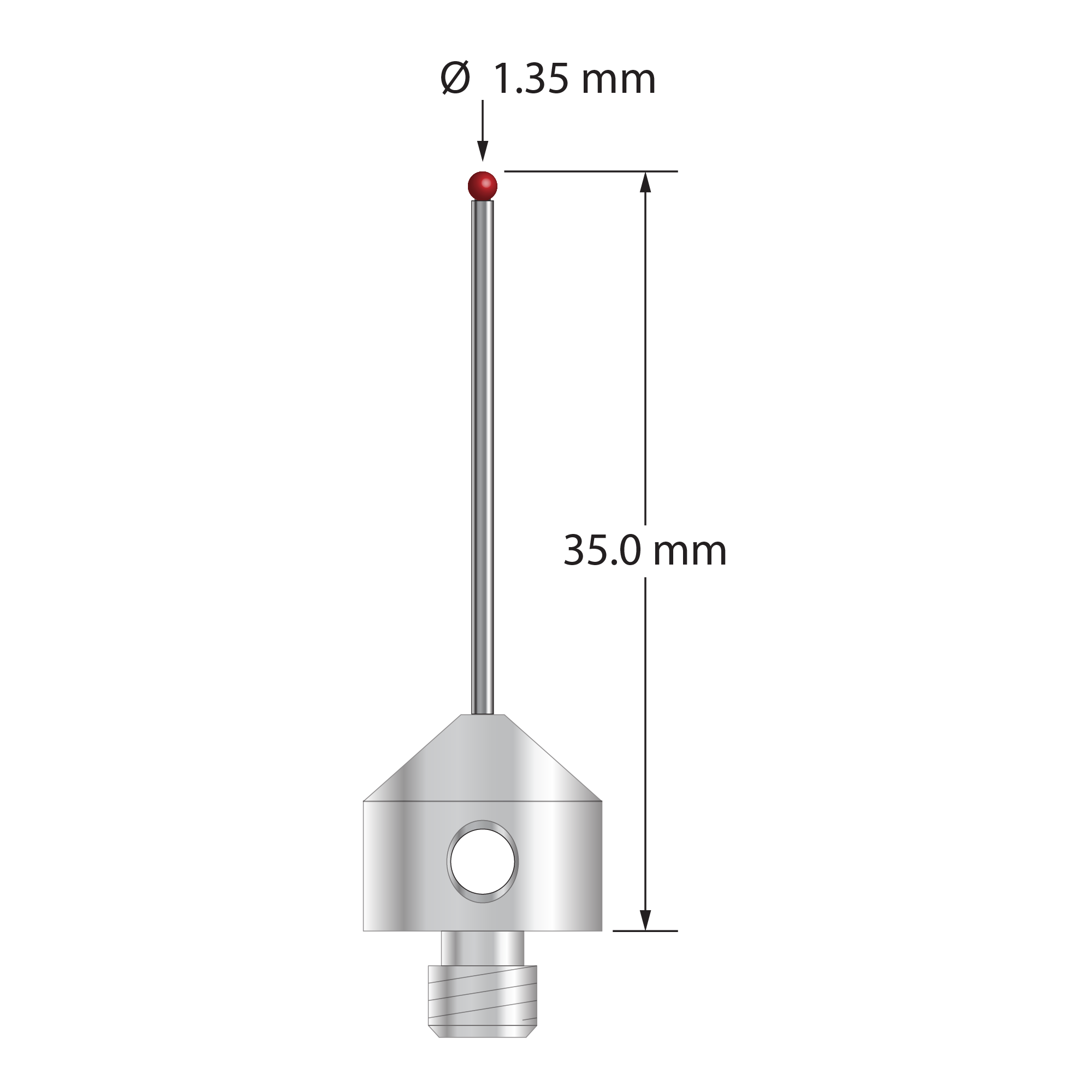 M5 stylus with 1.35 mm diameter ruby ball, 1.0 mm diameter carbide stem, and 11.0 mm diameter x 10.0 long stainless steel base. Overall stylus length is 35.0 mm. Stylus weight is 5.81 grams.
