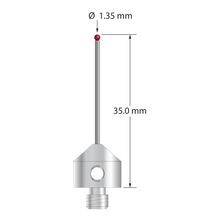 M5 stylus with 1.35 mm diameter ruby ball, 1.0 mm diameter carbide stem, and 11.0 mm diameter x 10.0 long stainless steel base. Overall stylus length is 35.0 mm. Stylus weight is 5.81 grams.