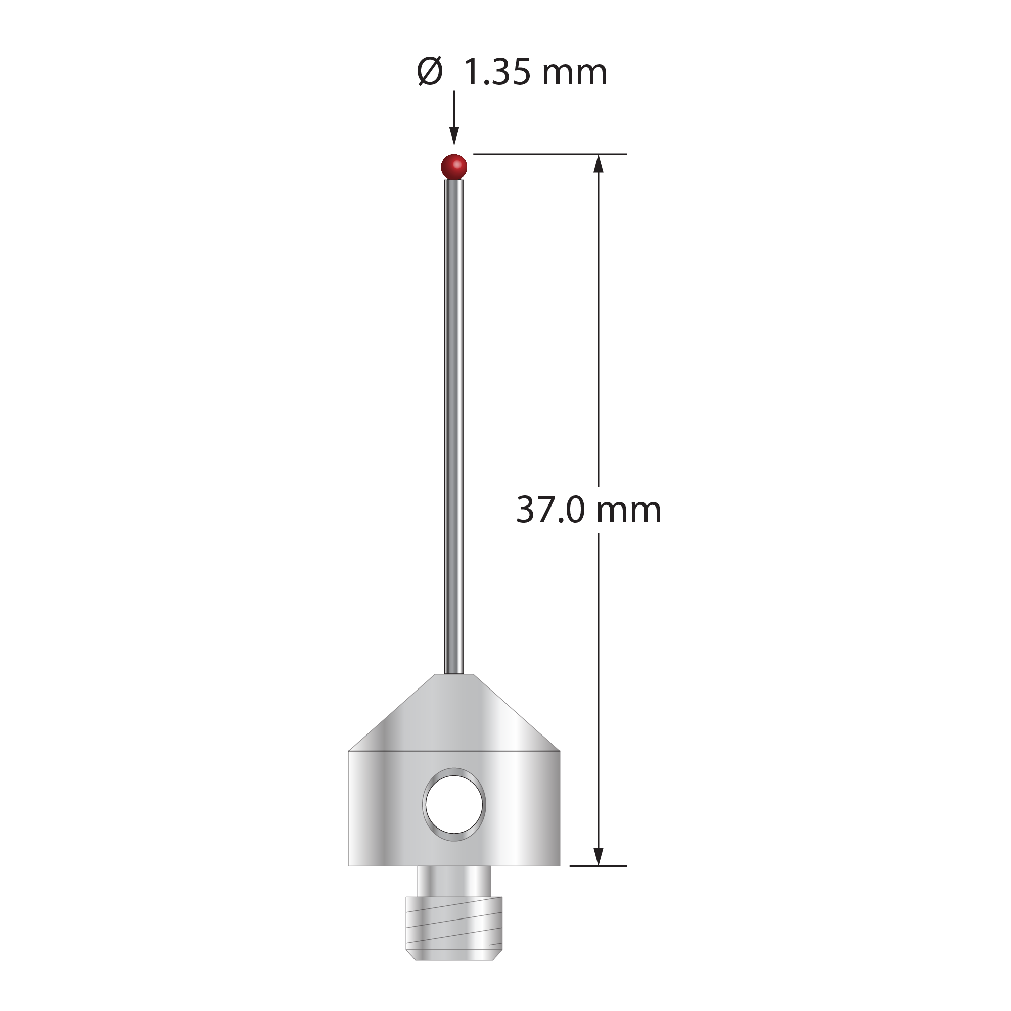 M5 stylus with 1.35 mm diameter ruby ball, 1.0 mm diameter carbide stem, and 11.0 mm diameter x 10.0 long stainless steel base. Overall stylus length is 37.0 mm. Stylus weight is 5.83 grams. Compare to Zeiss 626115-0140-037.