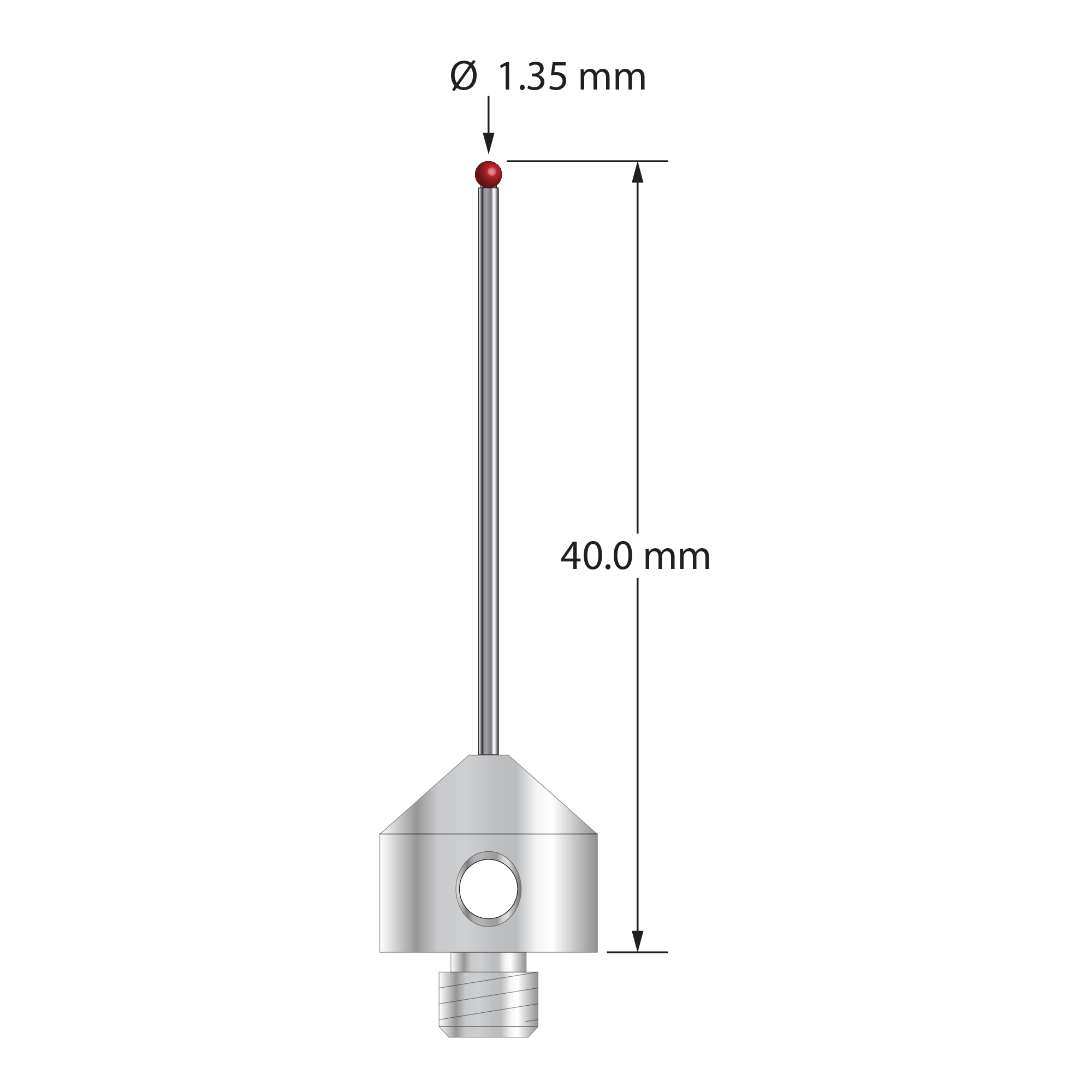 M5 stylus with 1.35 mm diameter ruby ball, 1.0 mm diameter carbide stem, and 11.0 mm diameter x 10.0 mm long anodized aluminum base. Overall stylus length is 40.0 mm. Stylus weight is 3.57 grams.