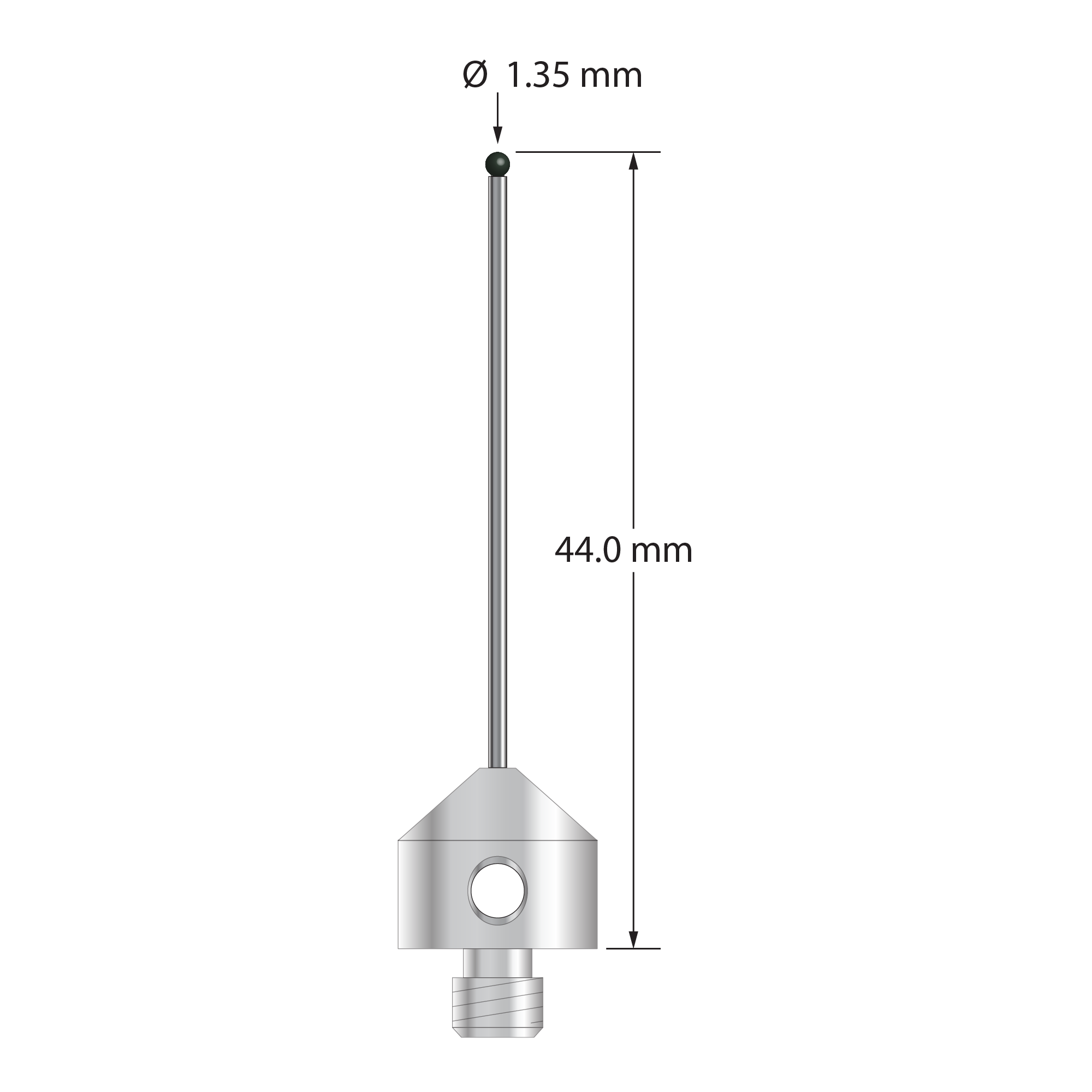 M5 stylus with 1.35 mm diameter silicon nitride ball, 1.0 mm diameter carbide stem, and 11.0 mm diameter x 10.0 mm long stainless steel base. Overall stylus length is 44.0 mm. Stylus weight is 5.93 grams.