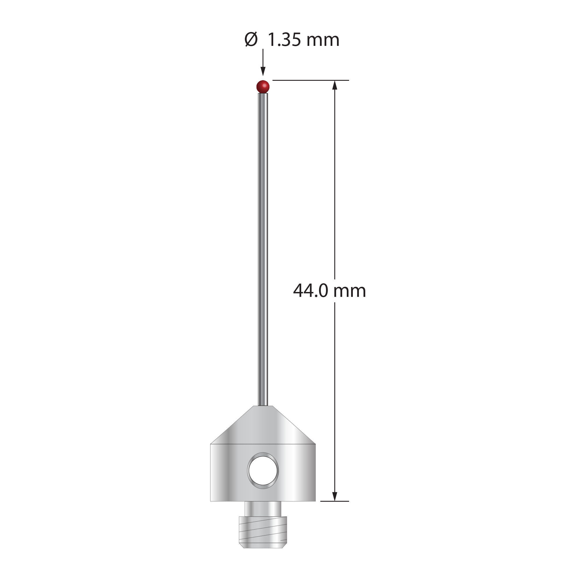 M5 stylus with 1.35 mm diameter ruby ball, 1.0 mm diameter carbide stem, and 11.0 mm diameter x 10.0 mm long stainless steel base. Overall stylus length is 44.0 mm. Stylus weight is 5.93 grams.