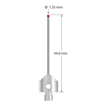 M5 stylus with 1.35 mm diameter ruby ball, 1.0 mm diameter carbide stem, and 11.0 mm diameter x 10.0 mm long stainless steel base. Overall stylus length is 44.0 mm. Stylus weight is 5.93 grams.