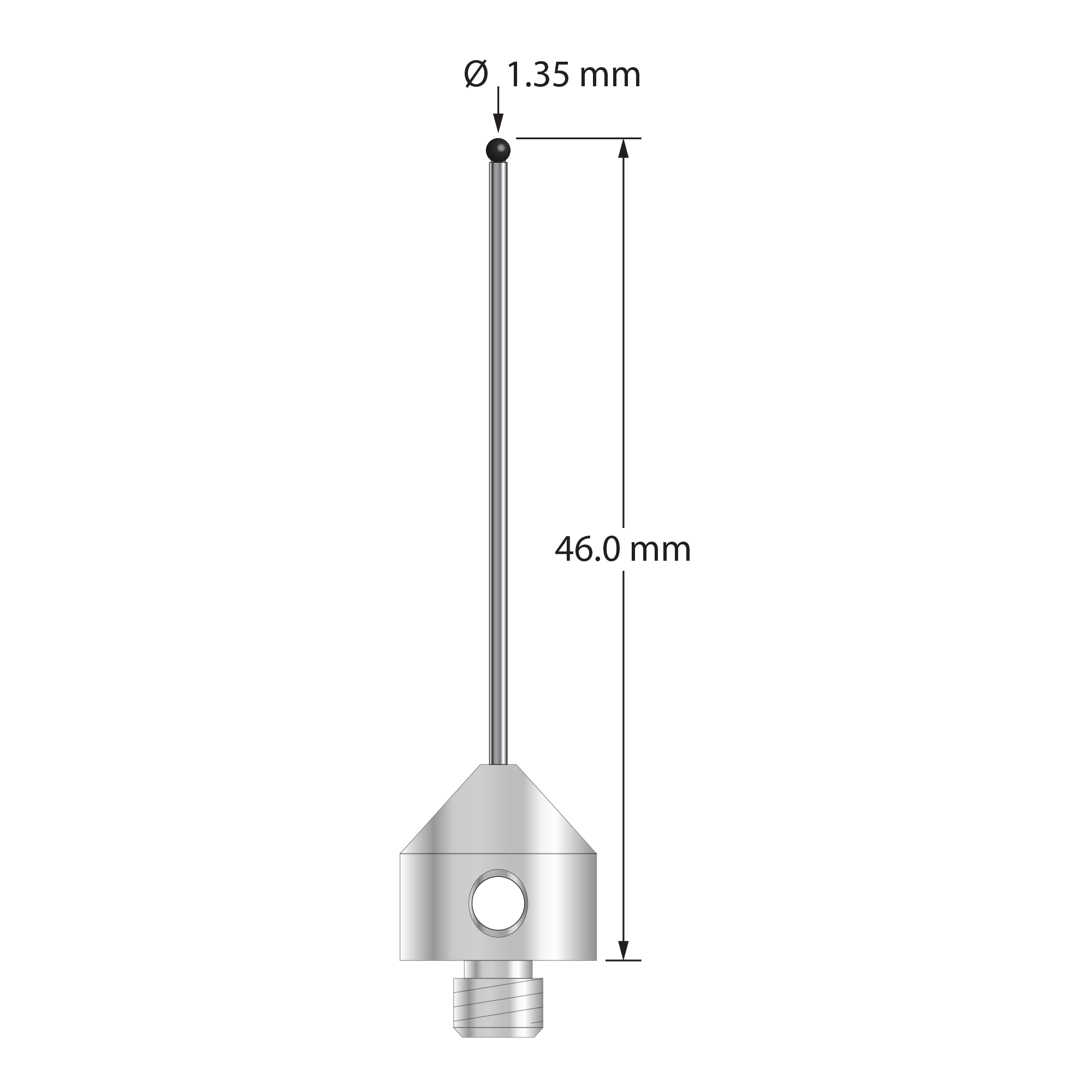 AFG-1346-SN M5 stylus with 1.35mm silicon nitride ball, carbide stem, and stainless steel base, 46mm long by Q-Mark Manufacturing, Inc.