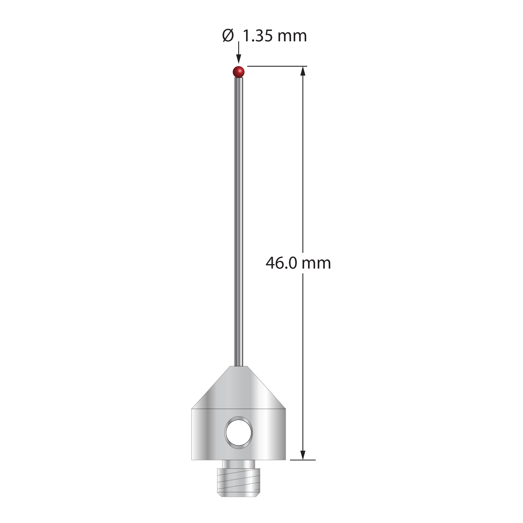 M5 stylus with 1.35 mm diameter ruby ball, 1.0 mm diameter carbide stem, and 11.0 mm diameter x 11.0 mm long stainless steel base. Overall stylus length is 46.0 mm. Stylus weight is 6.03 grams. Compare to Zeiss 626115-0140-046.