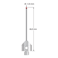 M5 stylus with 1.35 mm diameter ruby ball, 1.0 mm diameter carbide stem, and 11.0 mm diameter x 11.0 mm long stainless steel base. Overall stylus length is 46.0 mm. Stylus weight is 6.03 grams. Compare to Zeiss 626115-0140-046.