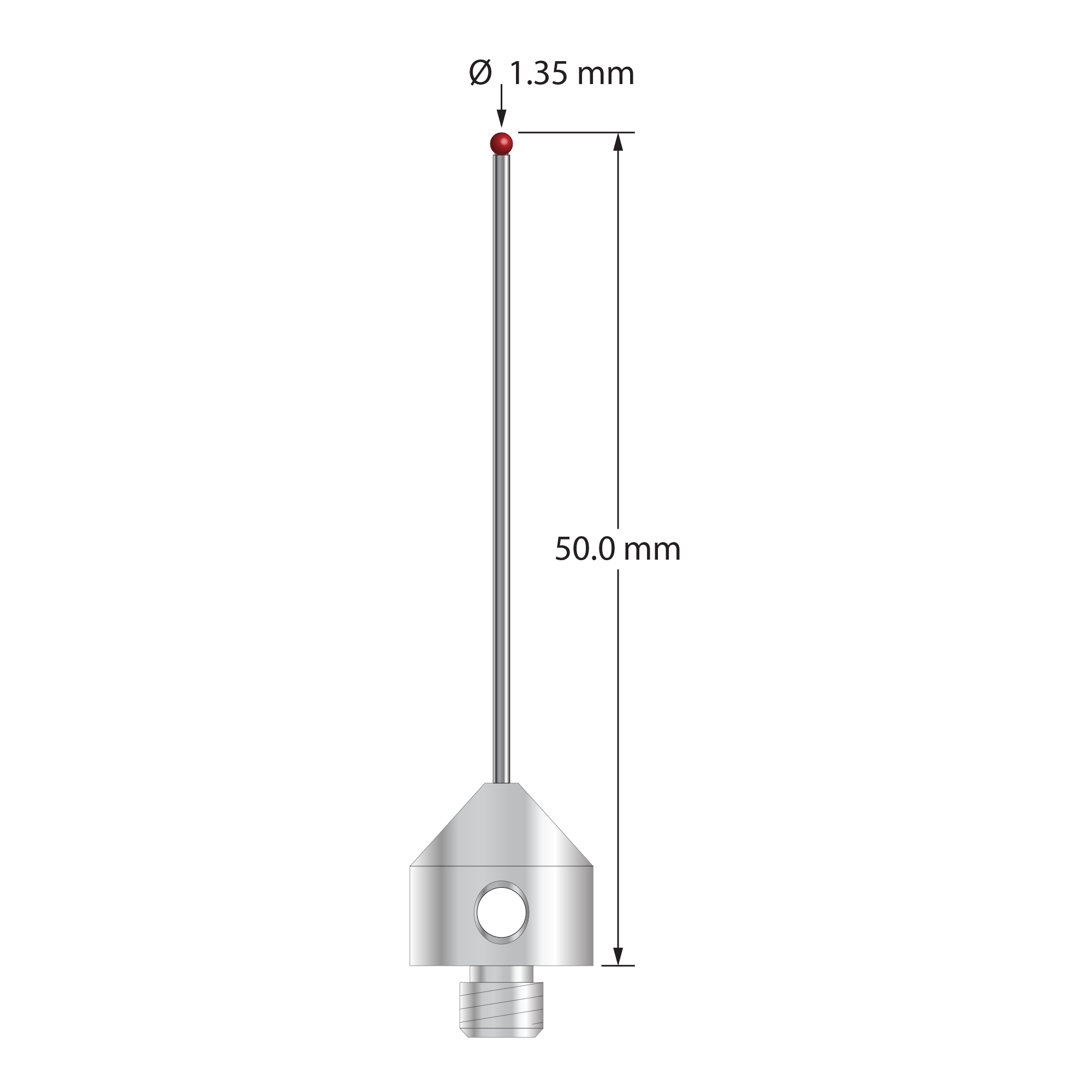 M5 stylus with 1.35 mm diameter ruby ball, 1.0 mm carbide stem, and 11.0 mm diameter x 10.0 mm long stainless steel base. Overall stylus length is 50.0 mm. Stylus weight is 6.07 grams. Compare to Zeiss 626115-0142-050.