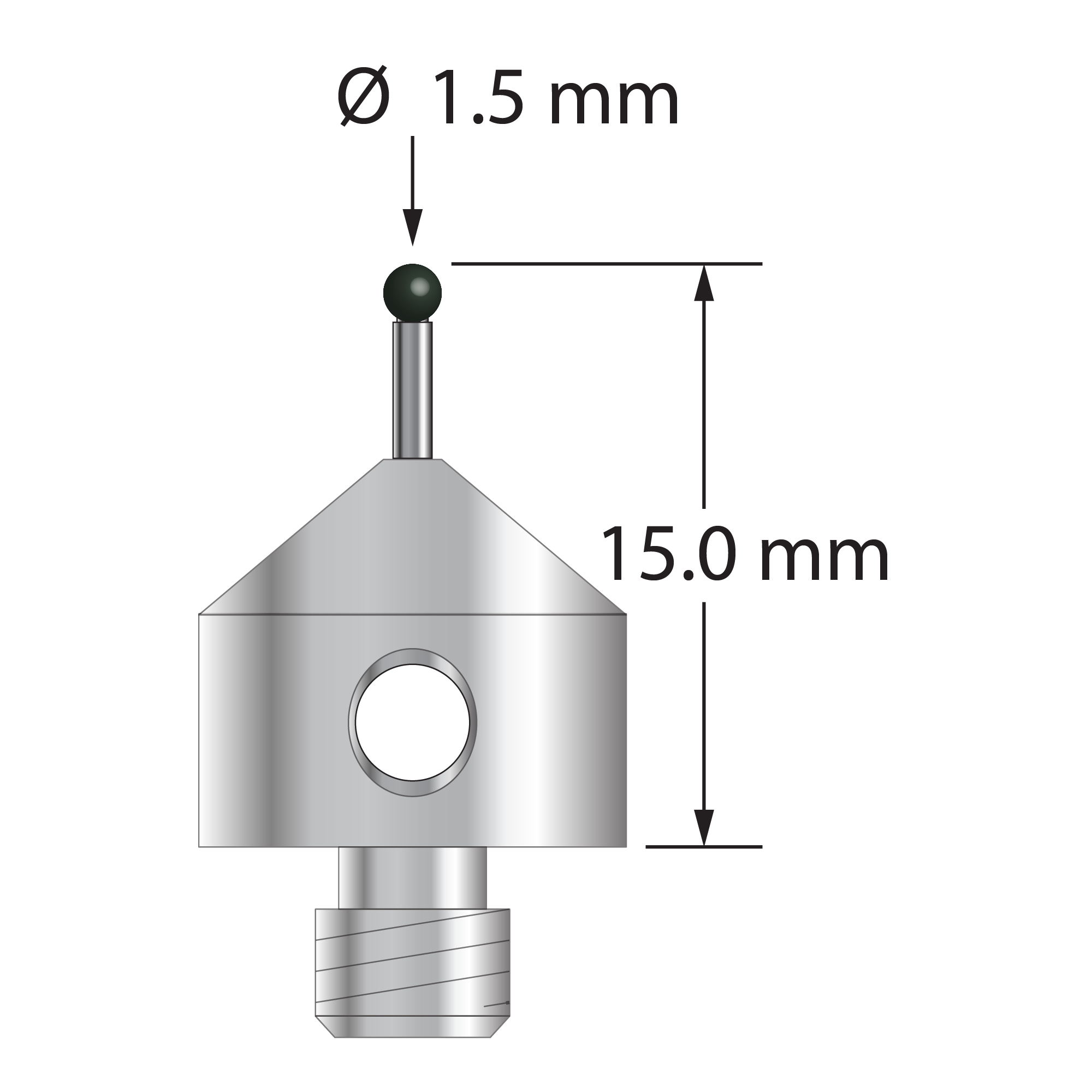 5 stylus with 1.5 mm diameter silicon nitride ball, 1.0 mm diameter carbide stem, and 11.0 mm diameter x 10.0 mm long anodized aluminum base. Overall stylus length is 15.0 mm. Stylus weight is 2.00 grams.
