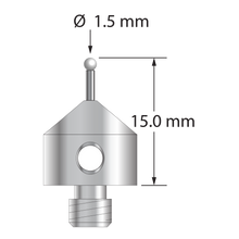 M5 stylus with 1.5 mm diameter zirconia ball, 1.0 mm diameter carbide stem, and 11.0 mm diameter x 10.0 mm long anodized aluminum base. Overall stylus length is 15.0 mm. Stylus weight is 2.00 grams.