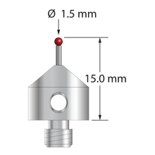 M5 stylus with 1.5 mm diameter ruby ball, 1.0 mm diameter carbide stem, and 11.0 mm diameter x 10.0 mm long anodized aluminum base. Overall stylus length is 15.0 mm. Stylus weight is 2.00 grams.