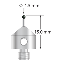 M5 stylus with 1.5 mm diameter silicon nitride ball, 1.0 mm diameter carbide stem, and 11.0 mm diameter x 10.0 long stainless steel base. Overall stylus length is 15.0 mm. Stylus weight is 5.57 grams.