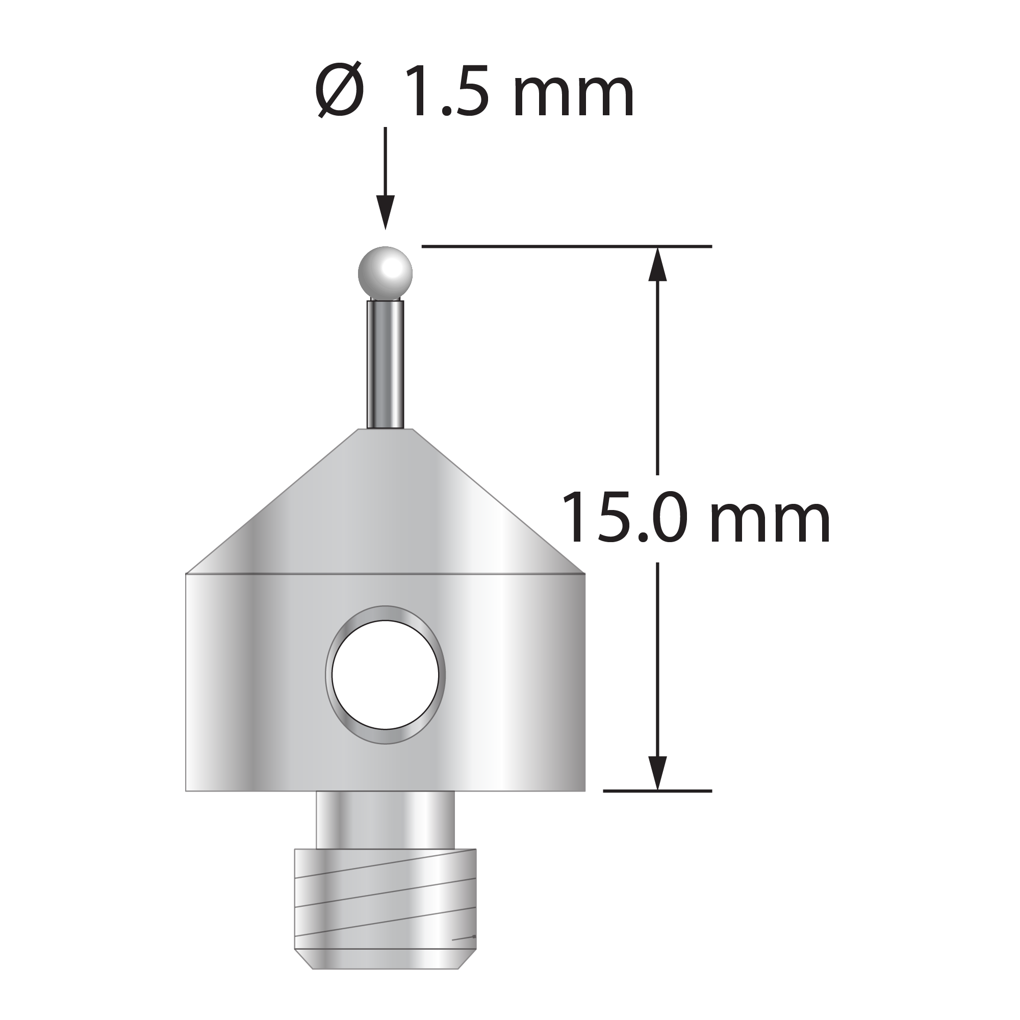M5 stylus with 1.5 mm diameter zirconia ball, 1.0 mm diameter carbide stem, and 11.0 mm diameter x 10.0 long stainless steel base. Overall stylus length is 15.0 mm. Stylus weight is 5.57 grams.
