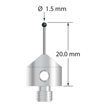M5 stylus with 1.5 mm diameter silicon nitride ball, 0.7 mm diameter carbide stem, and 11.0 mm diameter x 10.0 mm long stainless steel base. Overall stylus length is 20.0 mm. Stylus weight is 5.59 grams.