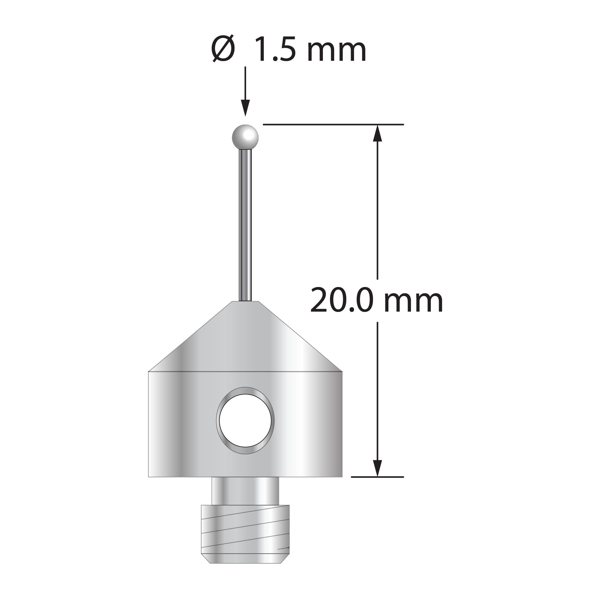 M5 stylus with 1.5 mm diameter zirconia ball, 0.7 mm diameter carbide stem, and 11.0 mm diameter x 10.0 mm long stainless steel base. Overall stylus length is 20.0 mm. Stylus weight is 5.59 grams.