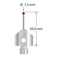 M5 stylus with 1.5 mm diameter ruby ball, 0.7 mm diameter carbide stem, and 11.0 mm diameter x 10.0 mm long stainless steel base. Overall stylus length is 20.0 mm. Stylus weight is 5.59 grams.