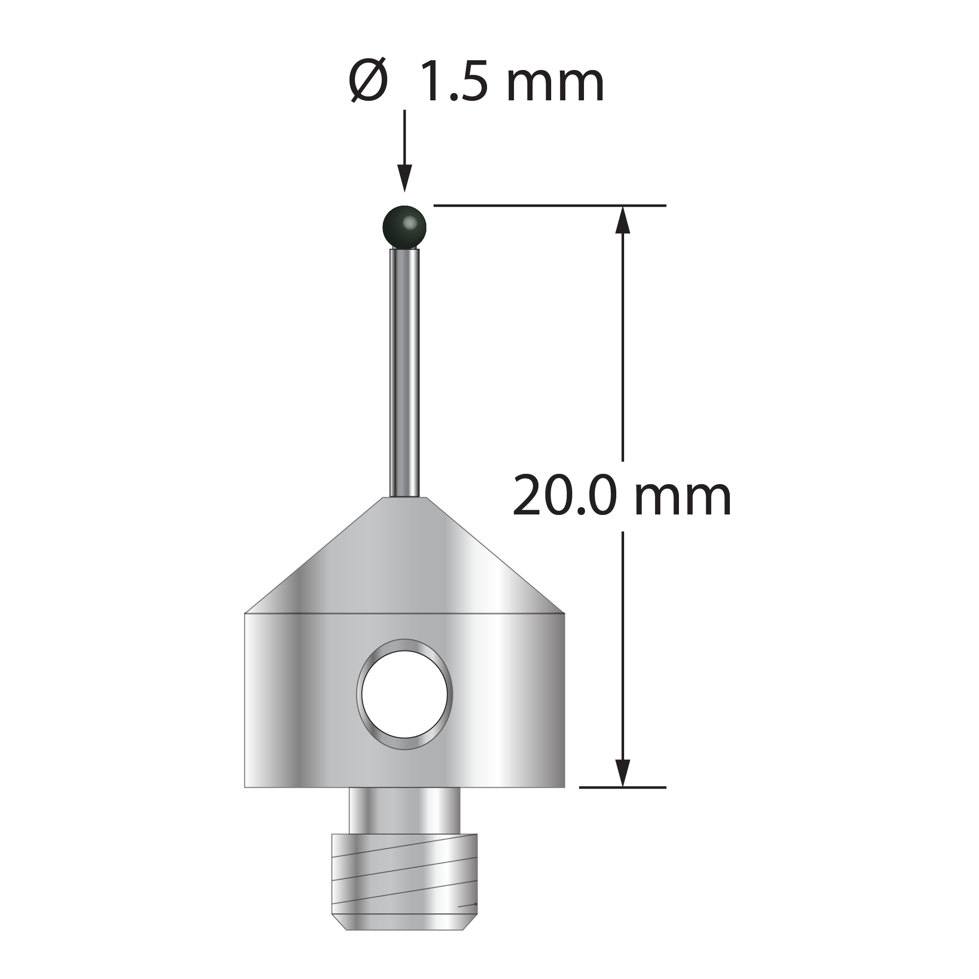 M5 stylus with 1.5 mm diameter silicon nitride ball, 1.0 mm diameter carbide stem, and 11.0 mm diameter x 10.0 mm long anodized aluminum base. Overall stylus length is 20.0 mm. Stylus weight is 2.06 grams.