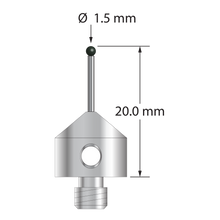 M5 stylus with 1.5 mm diameter silicon nitride ball, 1.0 mm diameter carbide stem, and 11.0 mm diameter x 10.0 mm long anodized aluminum base. Overall stylus length is 20.0 mm. Stylus weight is 2.06 grams.
