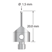 M5 stylus with 1.5 mm diameter zirconia ball, 1.0 mm diameter carbide stem, and 11.0 mm diameter x 10.0 mm long anodized aluminum base. Overall stylus length is 20.0 mm. Stylus weight is 2.06 grams.