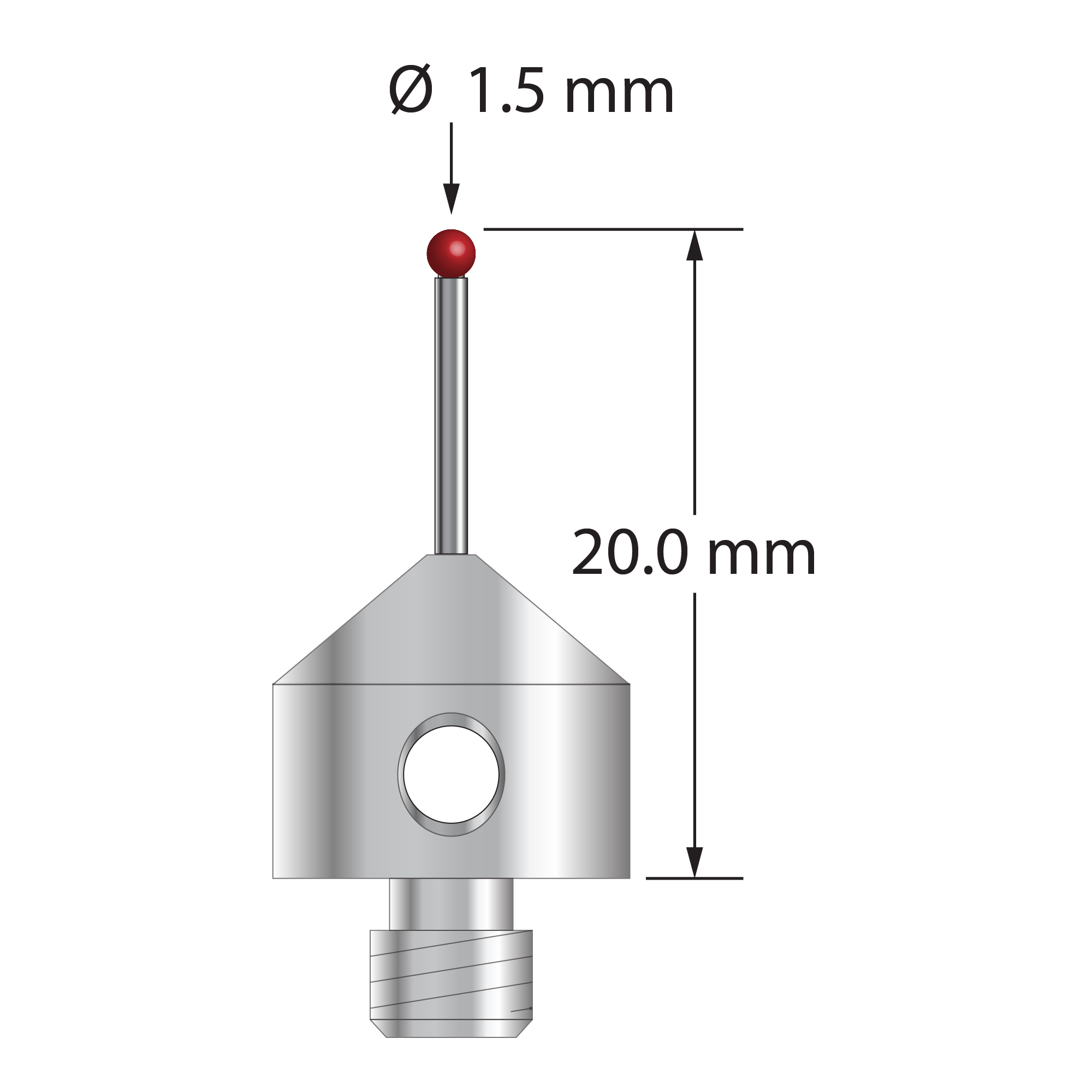 M5 stylus with 1.5 mm diameter ruby ball, 1.0 mm diameter carbide stem, and 11.0 mm diameter x 10.0 mm long anodized aluminum base. Overall stylus length is 20.0 mm. Stylus weight is 2.06 grams.