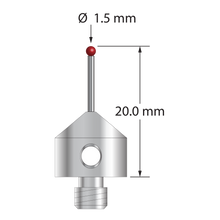 M5 stylus with 1.5 mm diameter ruby ball, 1.0 mm diameter carbide stem, and 11.0 mm diameter x 10.0 mm long anodized aluminum base. Overall stylus length is 20.0 mm. Stylus weight is 2.06 grams.