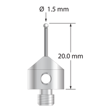 M5 stylus with 1.5 mm diameter zirconia ball, 1.0 mm diameter carbide stem, and 11.0 mm diameter x 10.0 mm long stainless steel base. Overall stylus length is 20.0 mm. Stylus weight is 5.63 grams.