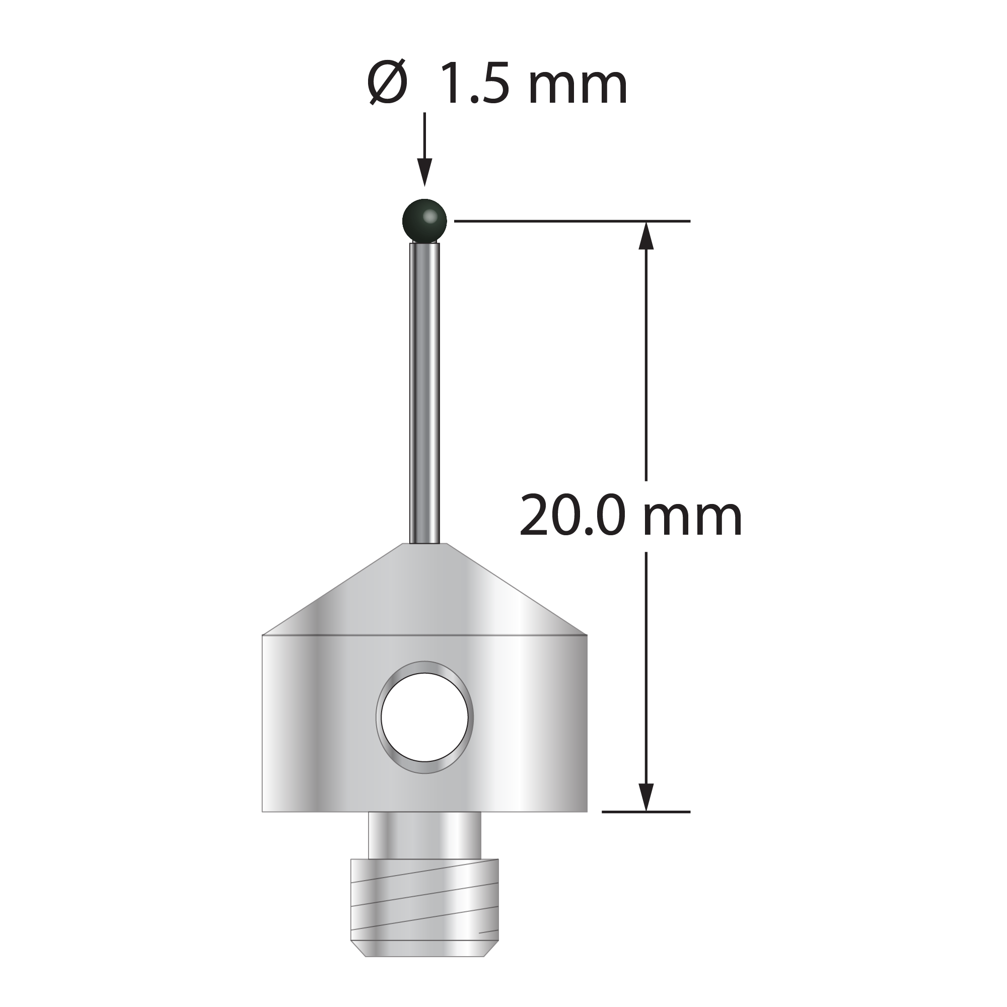 M5 stylus with 1.5 mm diameter silicon nitride ball, 1.0 mm diameter carbide stem, and 11.0 mm diameter x 9.0 mm long stainless steel base. Stylus length to ball center is 20.0 mm. Stylus weight is 5.14 grams.