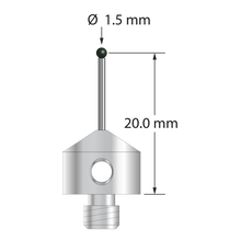 M5 stylus with 1.5 mm diameter silicon nitride ball, 1.0 mm diameter carbide stem, and 11.0 mm diameter x 9.0 mm long stainless steel base. Stylus length to ball center is 20.0 mm. Stylus weight is 5.14 grams.