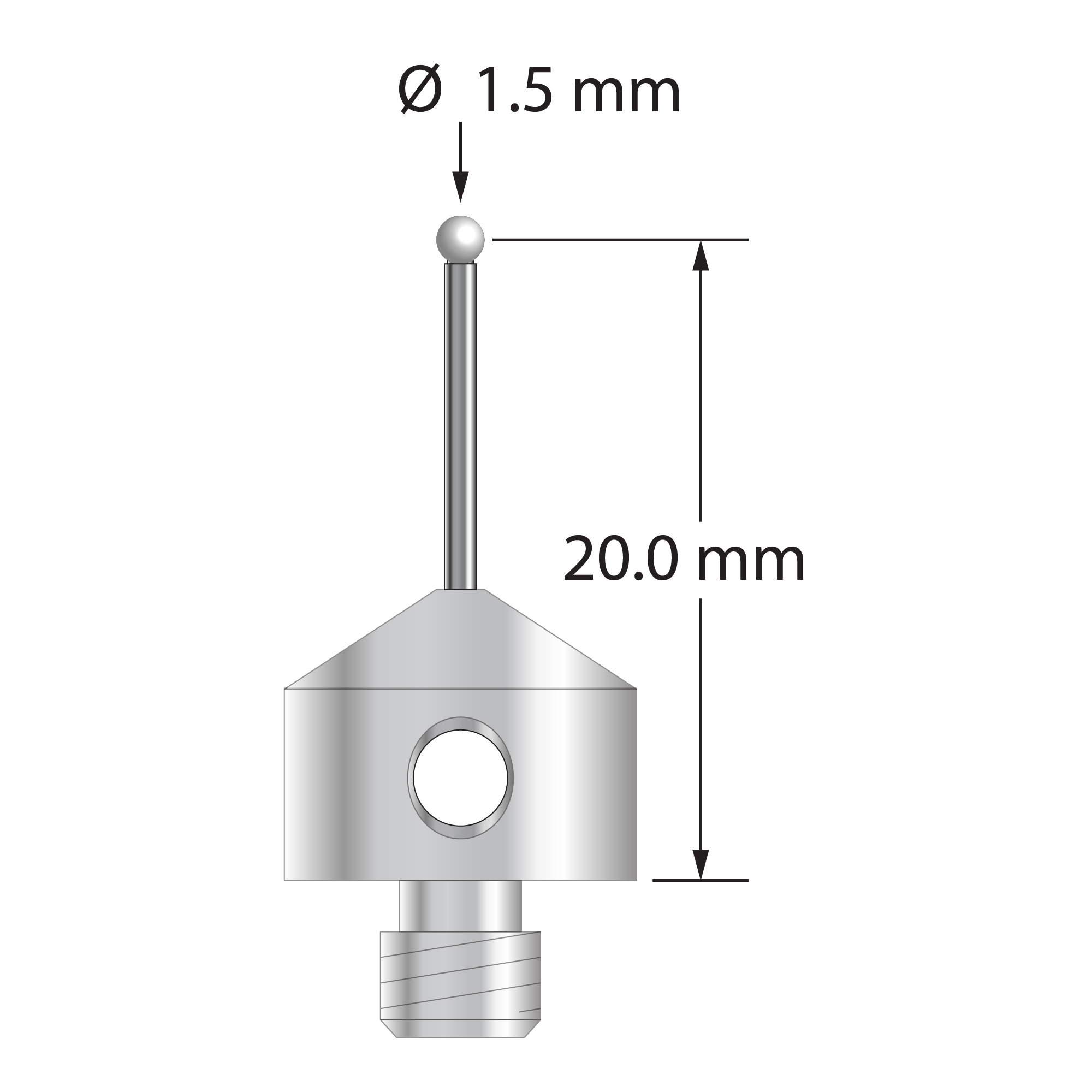 M5 stylus with 1.5 mm diameter zirconia ball, 1.0 mm diameter carbide stem, and 11.0 mm diameter x 9.0 mm long stainless steel base. Stylus length to ball center is 20.0 mm. Stylus weight is 5.14 grams.
