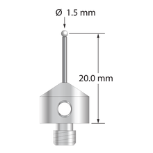 M5 stylus with 1.5 mm diameter zirconia ball, 1.0 mm diameter carbide stem, and 11.0 mm diameter x 9.0 mm long stainless steel base. Stylus length to ball center is 20.0 mm. Stylus weight is 5.14 grams.