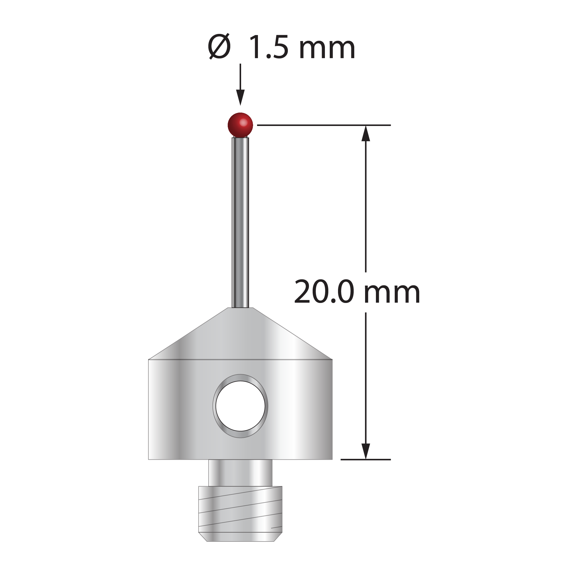 M5 stylus with 1.5 mm diameter ruby ball, 1.0 mm diameter carbide stem, and 11.0 mm diameter x 9.0 mm long stainless steel base. Stylus length to ball center is 20.0 mm. Stylus weight is 5.64 grams. Compare to Zeiss 626115-0150-021.