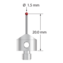 M5 stylus with 1.5 mm diameter ruby ball, 1.0 mm diameter carbide stem, and 11.0 mm diameter x 9.0 mm long stainless steel base. Stylus length to ball center is 20.0 mm. Stylus weight is 5.64 grams. Compare to Zeiss 626115-0150-021.