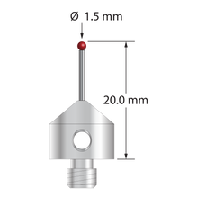 M5 stylus with 1.5 mm diameter ruby ball, 1.0 mm diameter carbide stem, and 11.0 mm diameter x 10.0 mm long stainless steel base. Overall stylus length is 20.0 mm. Stylus weight is 5.63 grams. Compare to Renishaw A-5003-5205.