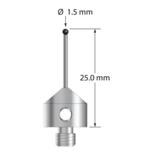 M5 stylus with 1.5 mm diameter silicon nitride ball, 1.0 mm diameter carbide stem, and 11.0 mm diameter x 10.0 mm long anodized aluminum base. Overall stylus length is 25.0 mm. Stylus weight is 2.12 grams.