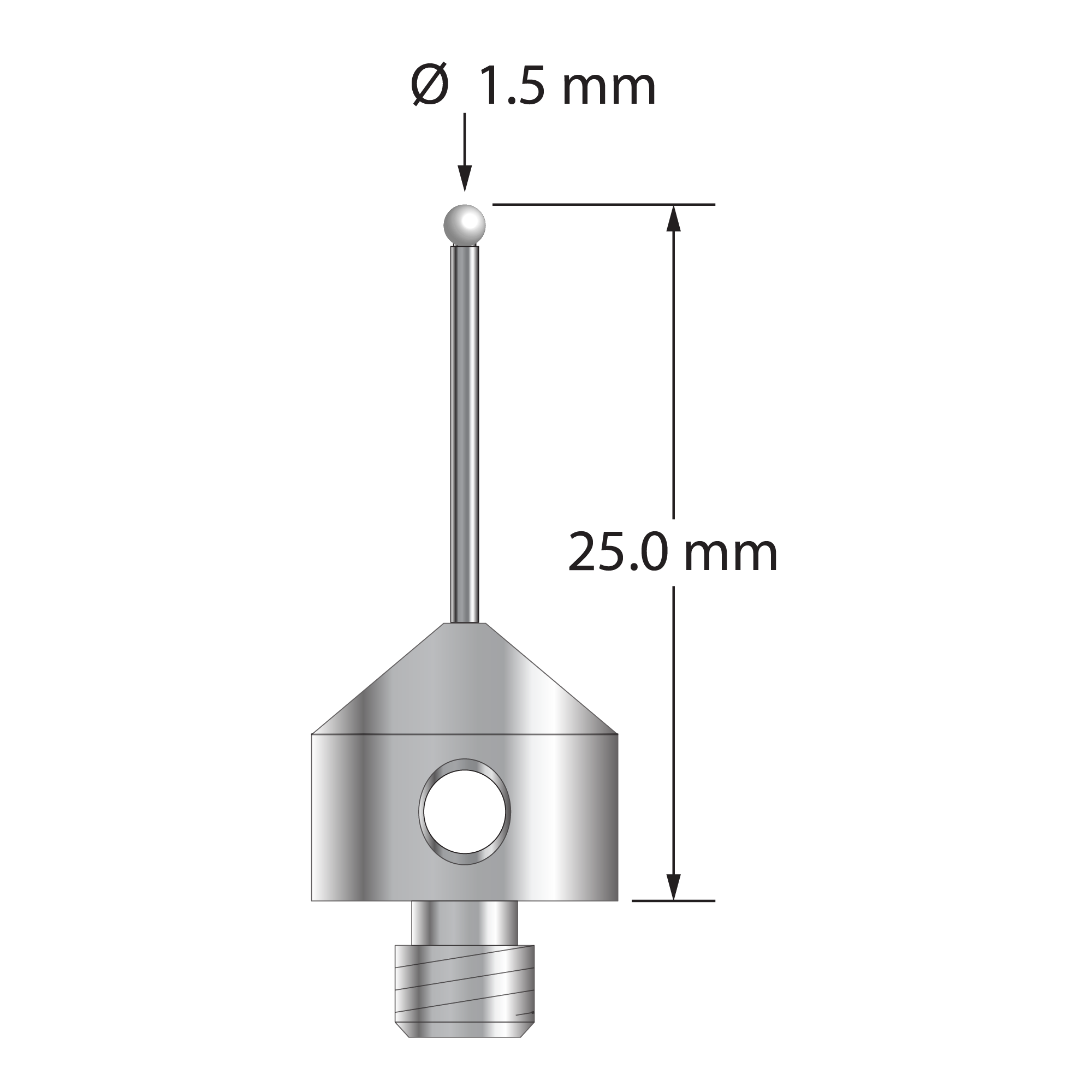 M5 stylus with 1.5 mm diameter zirconia ball, 1.0 mm diameter carbide stem, and 11.0 mm diameter x 10.0 mm long anodized aluminum base. Overall stylus length is 25.0 mm. Stylus weight is 2.12 grams.