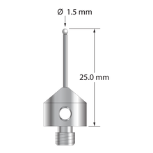 M5 stylus with 1.5 mm diameter zirconia ball, 1.0 mm diameter carbide stem, and 11.0 mm diameter x 10.0 mm long anodized aluminum base. Overall stylus length is 25.0 mm. Stylus weight is 2.12 grams.