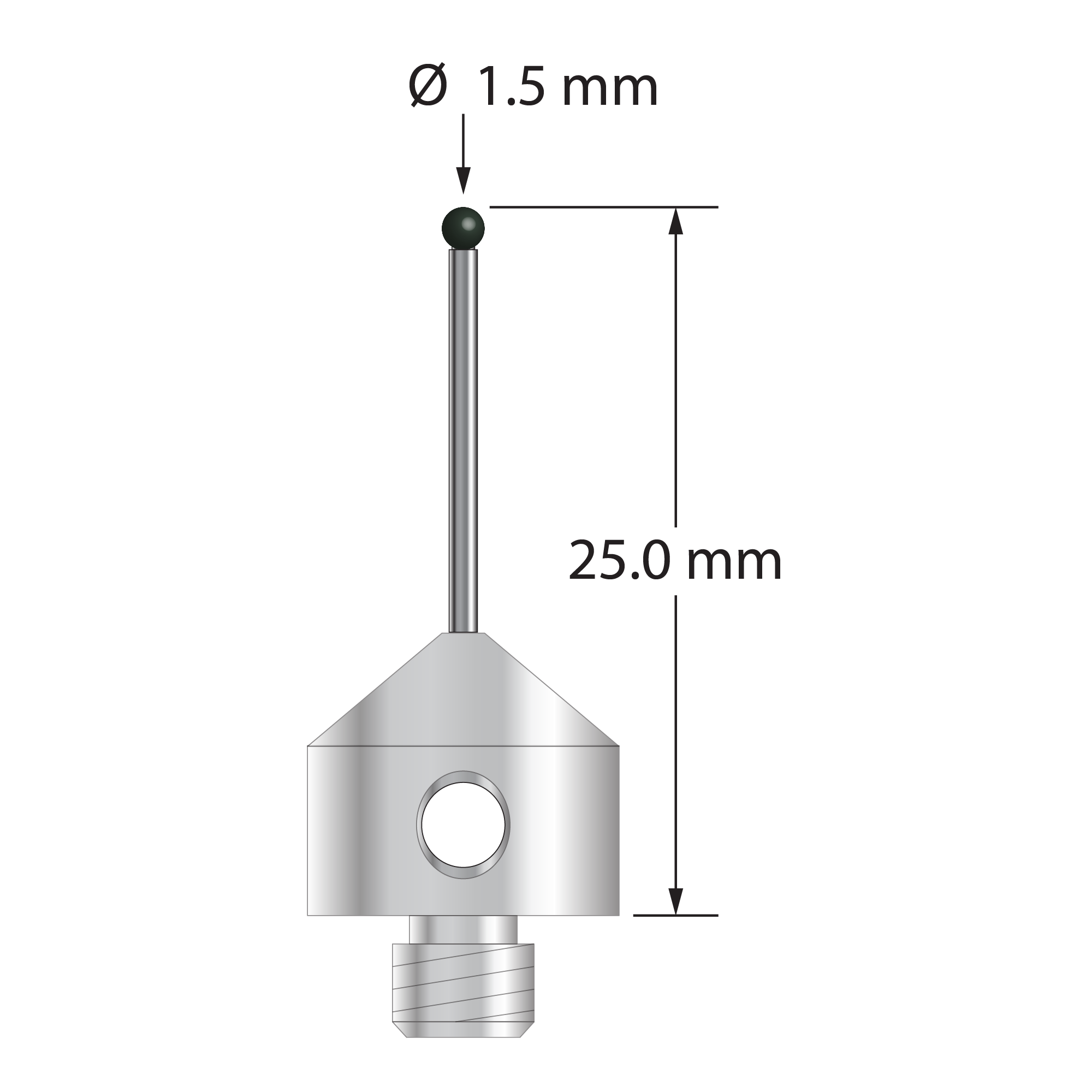 M5 stylus with 1.5 mm diameter silicon nitride ball, 1.0 mm diameter carbide stem, and 11.0 mm diameter x 10.0 mm long stainless steel base. Overall stylus length is 25.0 mm. Stylus weight is 5.69 grams.